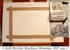 Beginning a new watercolor. Here's the composition sketched out with reference material to the right (color and value studies and a photo I took at the site.)