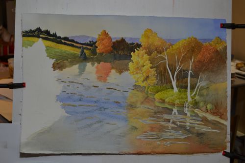 Work in progress - North River, Upstream. Watercolor by Kelli Hertzler. All rights reserved.