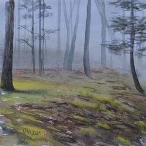 Mossy Forest III. Watercolor by Kelli Hertzler.