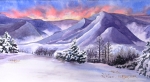 First Light on New Snow, 18" x 12" framed watercolor. All rights reserved, Kelli Hertzler.